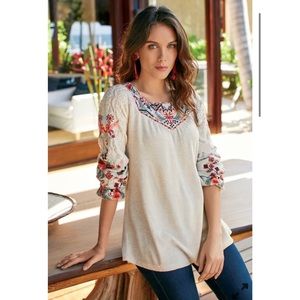 Soft surroundings Mariella crepe jersey peasant embroidered tunic top